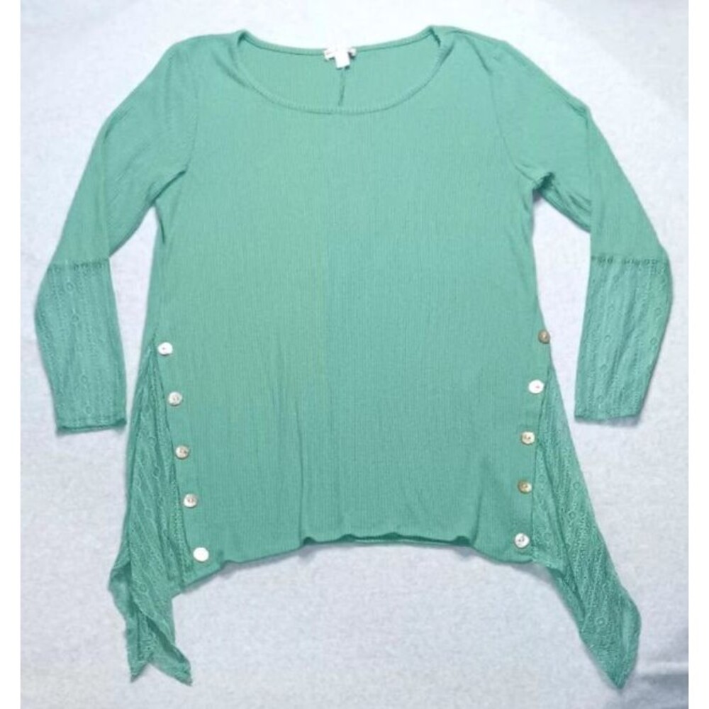 World Unity Assymetrical Tunic Blouse XL Sea Green Lace Mermaidcore Lagenlook